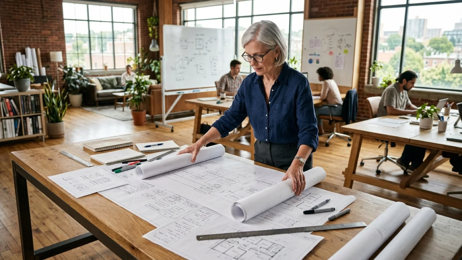Wide editorial shot of a strategist organizing physical blueprint schematics across a large studio table with natural morning light.
