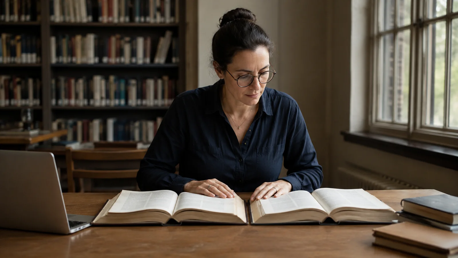An editor comparing two open reference books at a library desk beside a laptop.