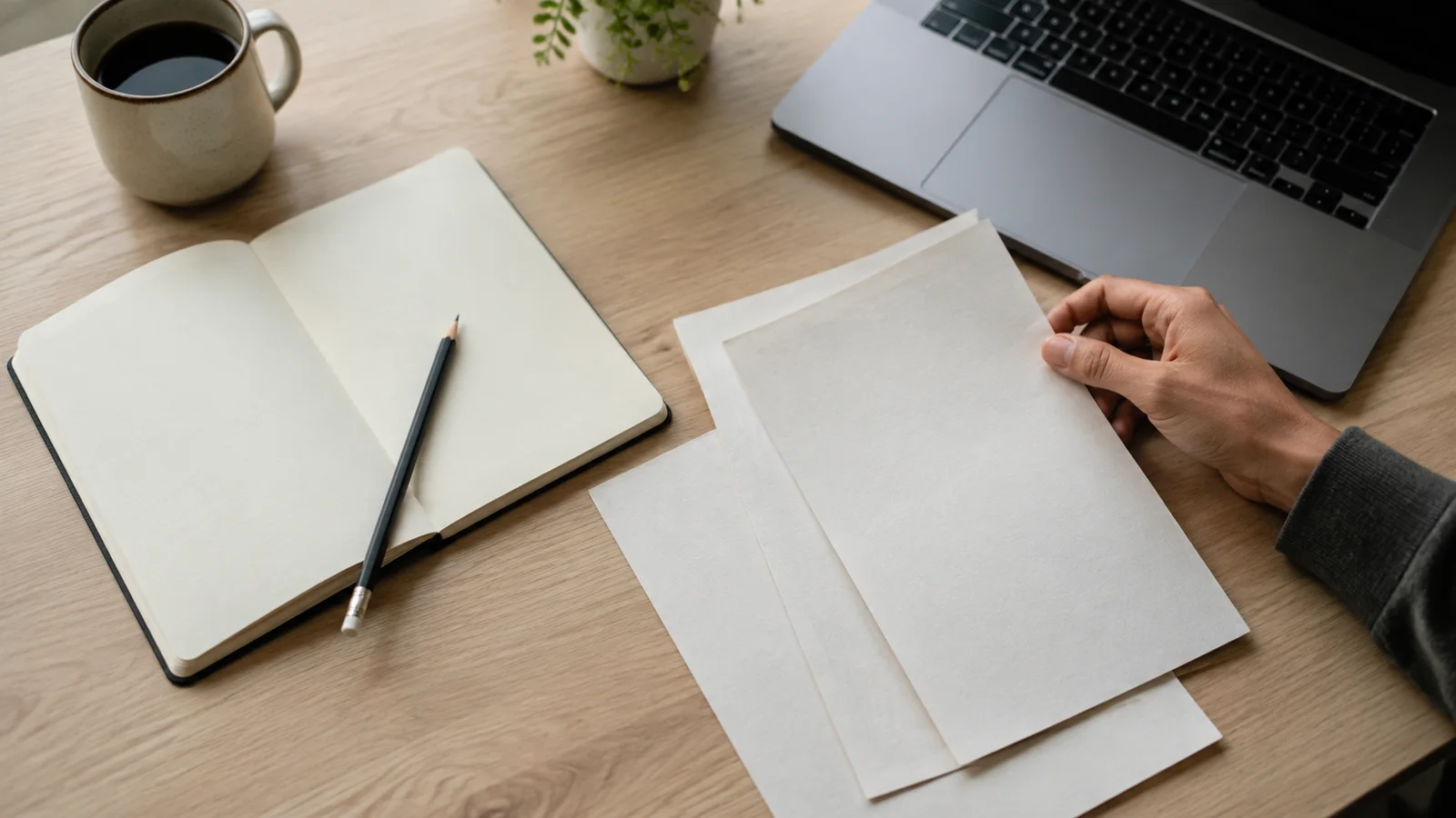 A hand arranging paper drafts beside an open notebook and a laptop on a clean desk.