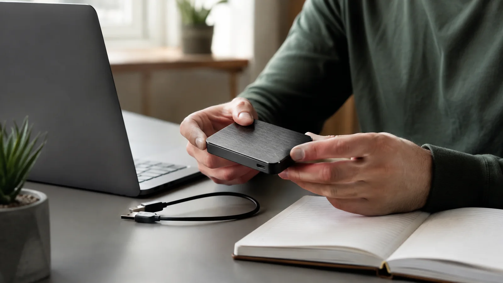 A website maintainer inspecting an external backup drive beside a laptop and notebook.