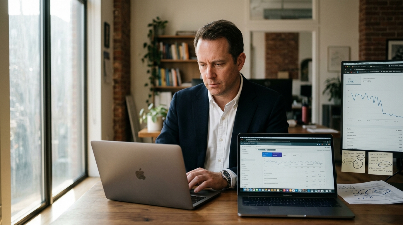 SEO consultant reviewing Google Search Console data showing a traffic drop