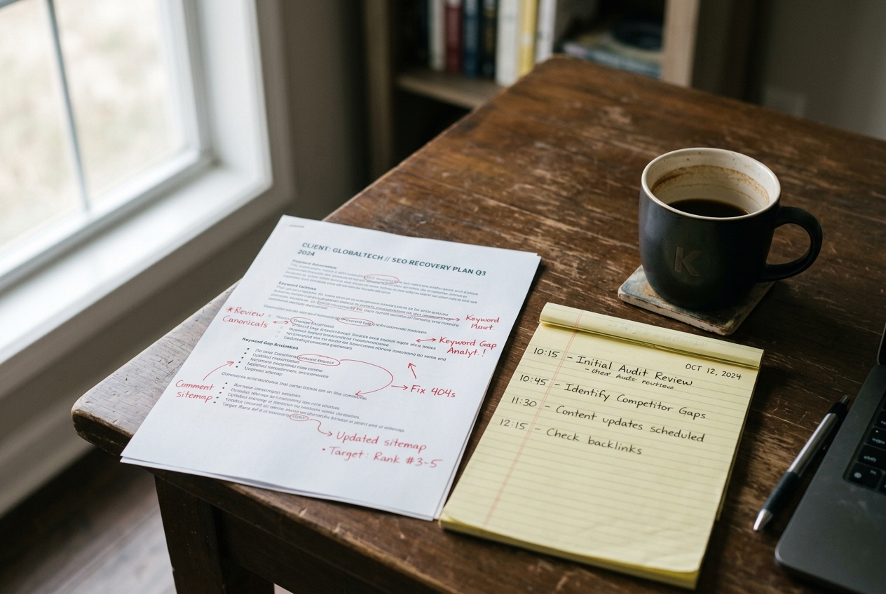 A desk with a printed SEO recovery plan annotated in red pen beside a notepad with timestamped audit steps