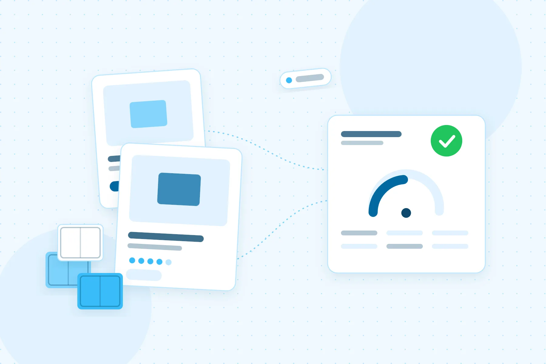 Illustration of marketplace listing cards being reviewed and organised with an account health summary
